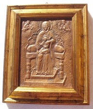 QUADRO ICONA RUSSA D’EPOCA MADONNA CON BAMBINO E ANGELI IN RAME A RILIEVO /40