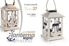 LANTERNA PORTACANDELA ANCORA MARE LEGNO TEA LIGHT BIANCO BLU ANTIC ASSOR 27*17
