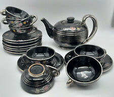 SERVIZIO THE CERAMICA CIMA C.I.M.A. PERUGIA DERUTA NERO FINITURE PLATINO E FIORI