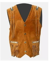 Gilet da cowboy nativi americani con frange vintage in pelle nappe con perline gilet