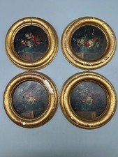 4 QUADRETTI AD OLIO NATURA MORTA FIORI TONDI CORNICE COLOR ORO