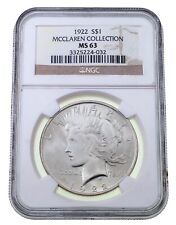 1922 $1 Dollaro D'Argento Peace Graded Da NGC Come MS-63 Collezione McClaren!