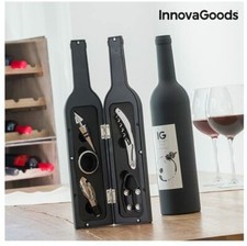 Cofanetto Accessori PER Vino Forma Bottiglia Acciaio Inox ASTUCCIO 5PZ SOMMELIER