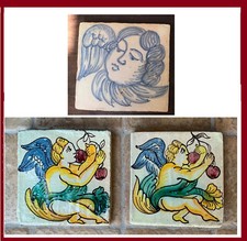 Mattonella 3 mattoni riggiola puttino sovra porta Caltagirone maiolica ceramica