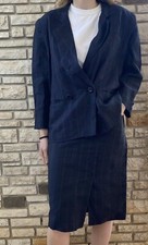 Tailleur Vintage completo con gonna in puro lino 100% blu in check S-M