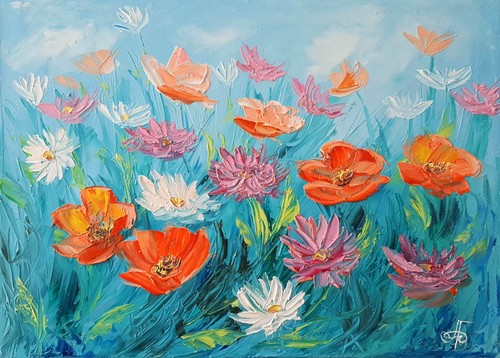 Dipinto olio prato - , fiori
