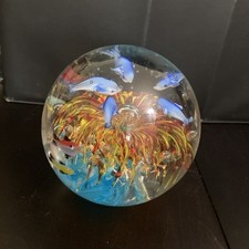 Scultura globo pesci tropicali delfini in vetro stile Murano vintage 3 libbre +