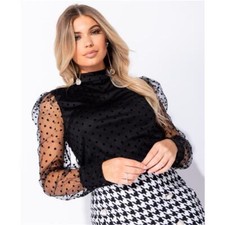 Blusa In Chiffon A Pois Per Donna Con Collo Alto Nera #BL461