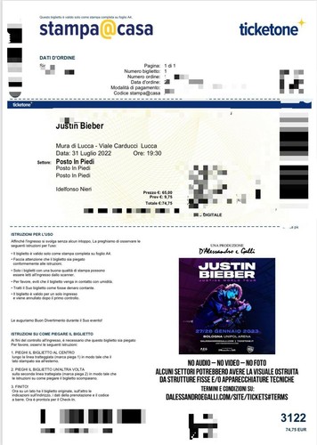 Biglietto justin bieber lucca - biglietto,