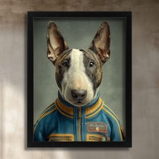 Poster Brindle Bull Terrier Wall Art cane in tuta blu cane stampa ritratto