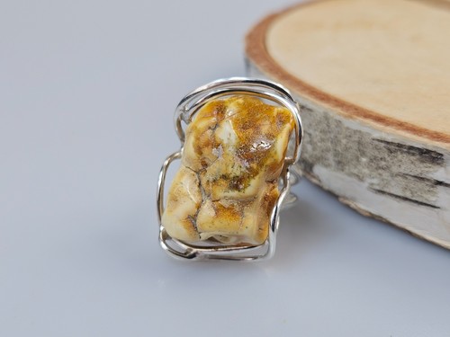 Anello ambra grezza - grezza, argento
