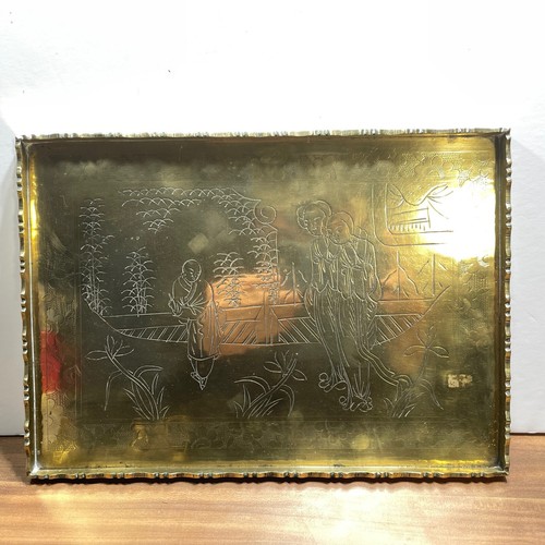Tray chinese etched - etched, brass