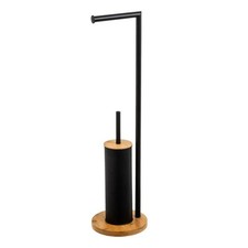 Piantana Portarotolo e Portascopino Porta Carta Igienica Metallo e Bambù Nero