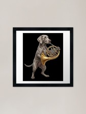 Weimaraner che suona il corno