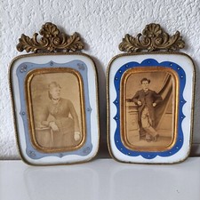 2 Quadretti Portafoto con Cimasa brillantini Napoleone III Vetro Bronzo Ottone 