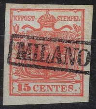 1850 ASI Lombardo Veneto 15 cent rosso I tipo Sassone 3 usato