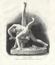 Stampa antica LOTTA FRA UOMINI NUDI statua 1890 Antique print