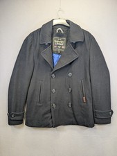 Superdry Uomo Pea Cappotto Nero Taglia XL Lana Bottoni Pesante Doppiopetto 