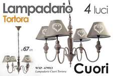 LAMPADARIO METALLO TORTORA CUORE CUORI 4 LUCI COPPE TELA SHABBY CHIC 67*130 CM