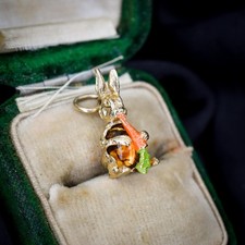 Charm Vintage Coniglio Coniglietto Smaltato Carota Oro Giallo 9ct