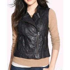 Gilet alogeno stropicciato originale 100% pura pelle moto biker zip posteriore XXS Petite