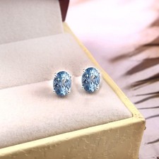 7x5 MM AAA Acquamarina Ovale Bottone, 925 Orecchini Argento, Portafortuna Gemma