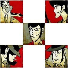 SERIE 5 QUADRI STILE VINTAGE LUPIN III: LUPIN, GOEMON, JIGEN, FUJIKO, ZENIGATA