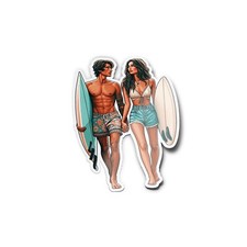 Pack x5 AUTOCOLLANTS STICKERS Couple surfeurs bruns planche vinyle surf 9cm