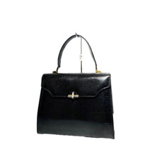 LAUNER LONDON Borsa a mano in pelle di lucertola NERA semplice elegante ORO USATA GIAPPONE