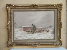 ANTICO PRIMA METÀ '900 QUADRO DIPINTO OLIO SU MASONITE PASTORE CON GREGGE E NEVE
