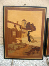 VECCHIO QUADRO LEGNO INTARSIATO LEGNI DIVERSI PAESAGGIO PAESE - VINTAGE