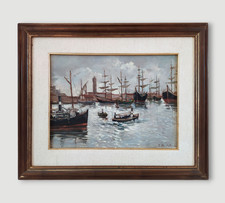 Vecchia scena porto italiano con barche a vela, marina, vecchio dipinto olio originale firmato