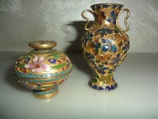 VINTAGE SET ANFORA E SCATOLA CINESI CLOISONNE SFONDO DORATO H 8CM H 5