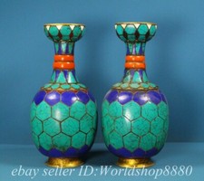 Coppia di vasi bottiglia turchese dorato oro 24 carati bronzo viola cinese marcati 9,8" antichi