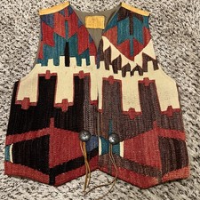 Gilet vintage Boucher of Santa Fe Kilim lana pelle conchiglie quercia taglia S
