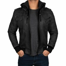 Zayn Classic Giacca in Pelle Nera con Cappuccio per Uomo Bomber Biker...