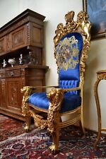Poltrona a trono stile Impero in tessuto blu cobalto