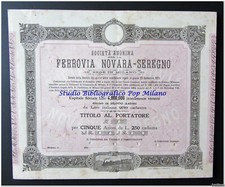 SOC ANONIMA FERROVIA NOVARA - SEREGNO Milano 1884 TITOLO Cinque azioni da L. 250