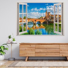 Adesivo da parete Ponte Pietra Verona fiume 3d vista finestra poster decalcomania A713
