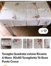 Tovaglia Cotone Vintage Quadrata 80x80 Ricamata A Mano Punto Croce Rose 