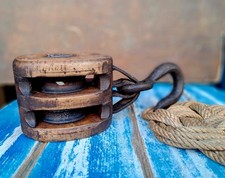 Bozzello In Legno Con 2 Pulegge In Ferro Gancio Ferro Recupero Navale Originale 
