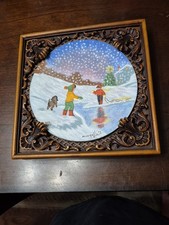 Piatto Dominic John Mingolla con smalto su rame "pista di pattinaggio invernale" 1977 firmato