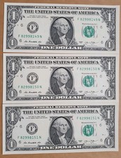 LOTTO DI 3 BANCONOTE DA 1 DOLLARO (ONE DOLLAR) U.S.A. FDS NUMERI CONSECUTIVI