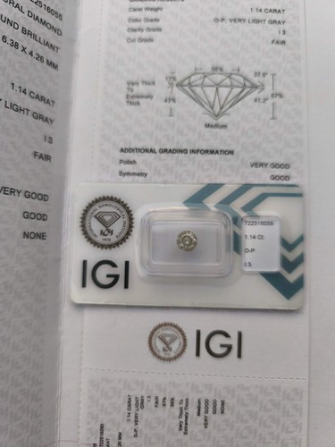 Diamante certificato igi 14 - certificato, 1.14
