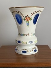 Vaso Vintage Boemia Vetro Bianco/blu, Decoro  A Mano Floreale Smalti E Oro.