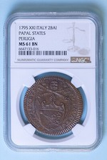 PIO VI 2 BAIOCCHI 1795 ANNO XXI PERUGIA bello SPL RAME COPPER COIN SLAB MS61 BN