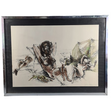 Emanuele PANDOLFINI (1929) Quadro Dipinto Opera TECNICA MISTA Figure in Spiaggia