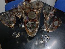 Murano Venezia caraffa decanter+set 6 bicchieri vino alti+portasnack in oro zecc