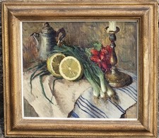 Mario Lisa (Torino 1908- Pianezza  1992) Natura morta con verdure e limone. Olio
