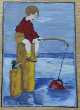 Disegno acquarello su carta dipinto a mano bambino pescatore autore Mg anni 60
